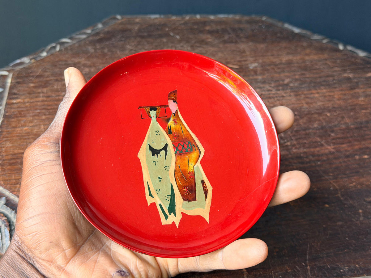 Vintage Vietnamese Lacquer Dish Tranha Red Figure Mid Century 5.5 Saucer