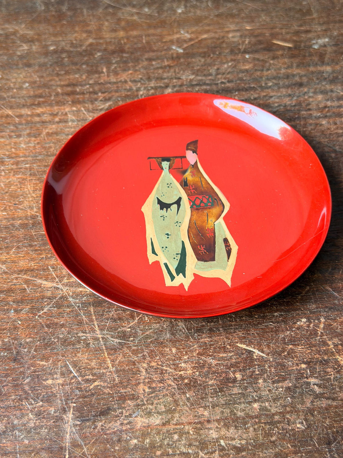 Vintage Vietnamese Lacquer Dish Tranha Red Figure Mid Century 5.5 Saucer