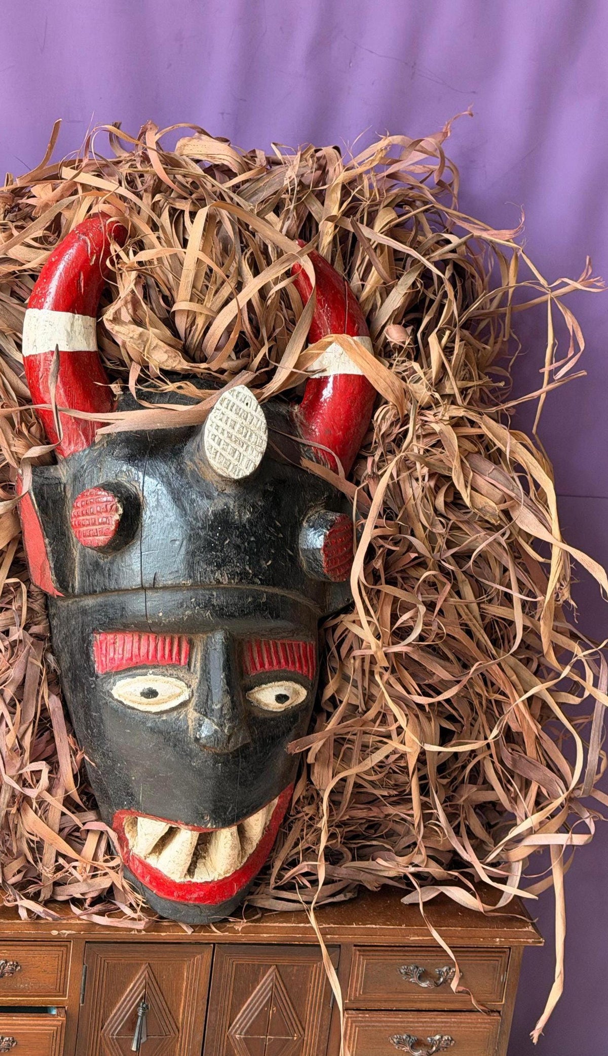 Vintage Igala Horned Masquerade Mask Raffia Carved Wood Nigeria African 19"