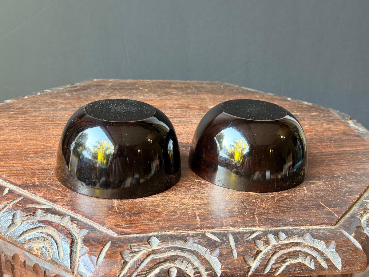 Vintage Chinese Lacquer Bowl Pair Black Silver Chrysanthemum Goldfish 4.5