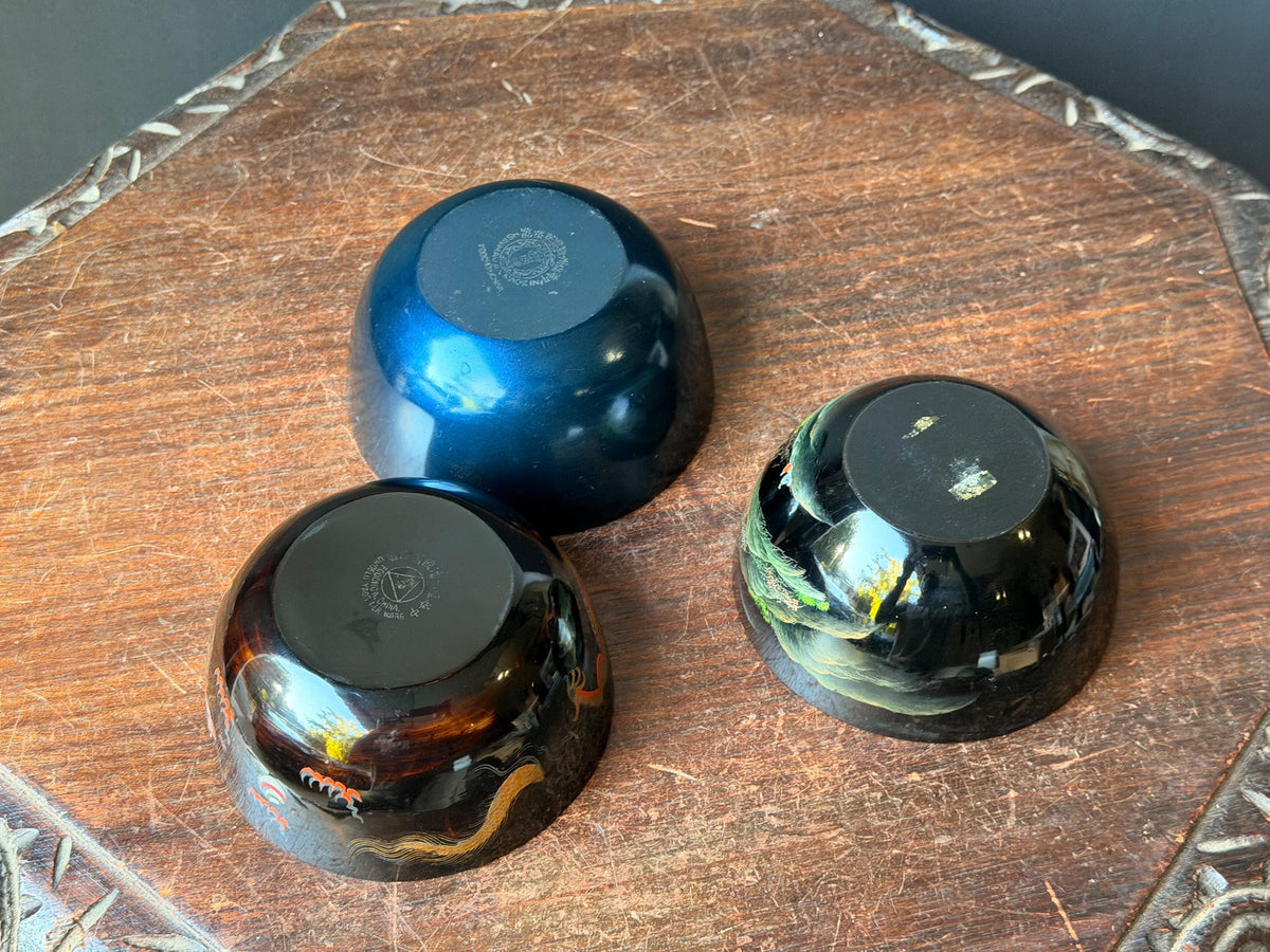 Vintage Foochow Lacquer Bowl Set 3 Chinese Goldfish Dragon Landscape 4.5
