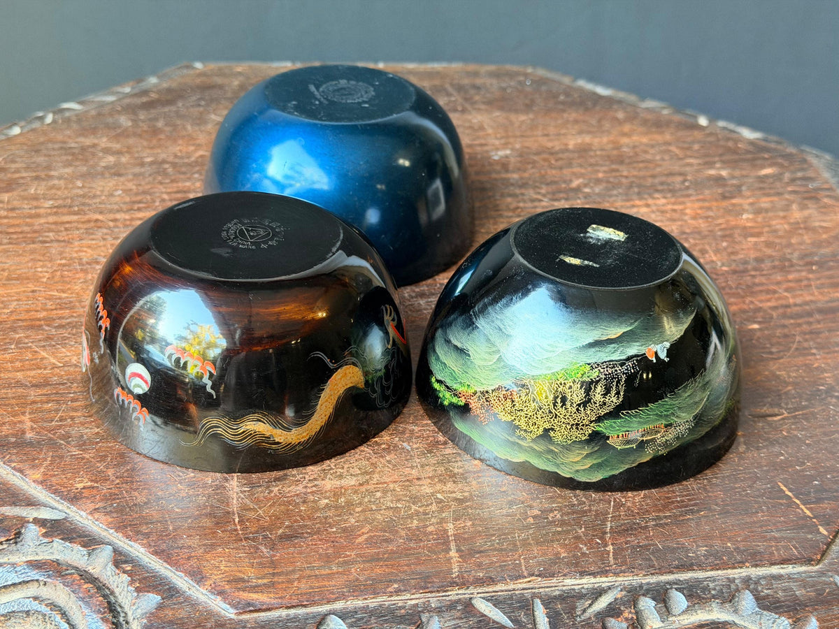 Vintage Foochow Lacquer Bowl Set 3 Chinese Goldfish Dragon Landscape 4.5