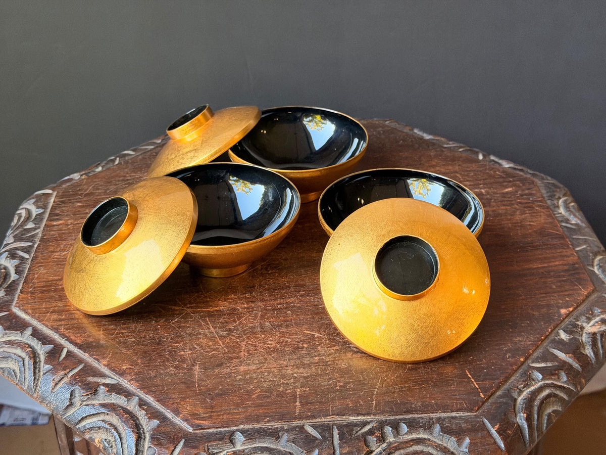 Vintage Japanese Gold Leaf Lacquer Bowls Lidded Kuro Urushi Set of 3 4.8"