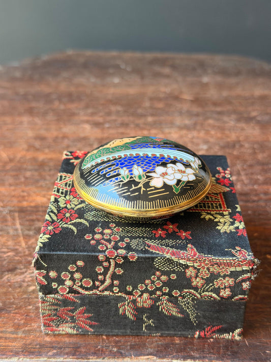 Vintage Chinese Cloisonne Enamel Trinket Box, Great Wall of China & White Blossoms, Pill or Ring Box in Brocade Gift Box