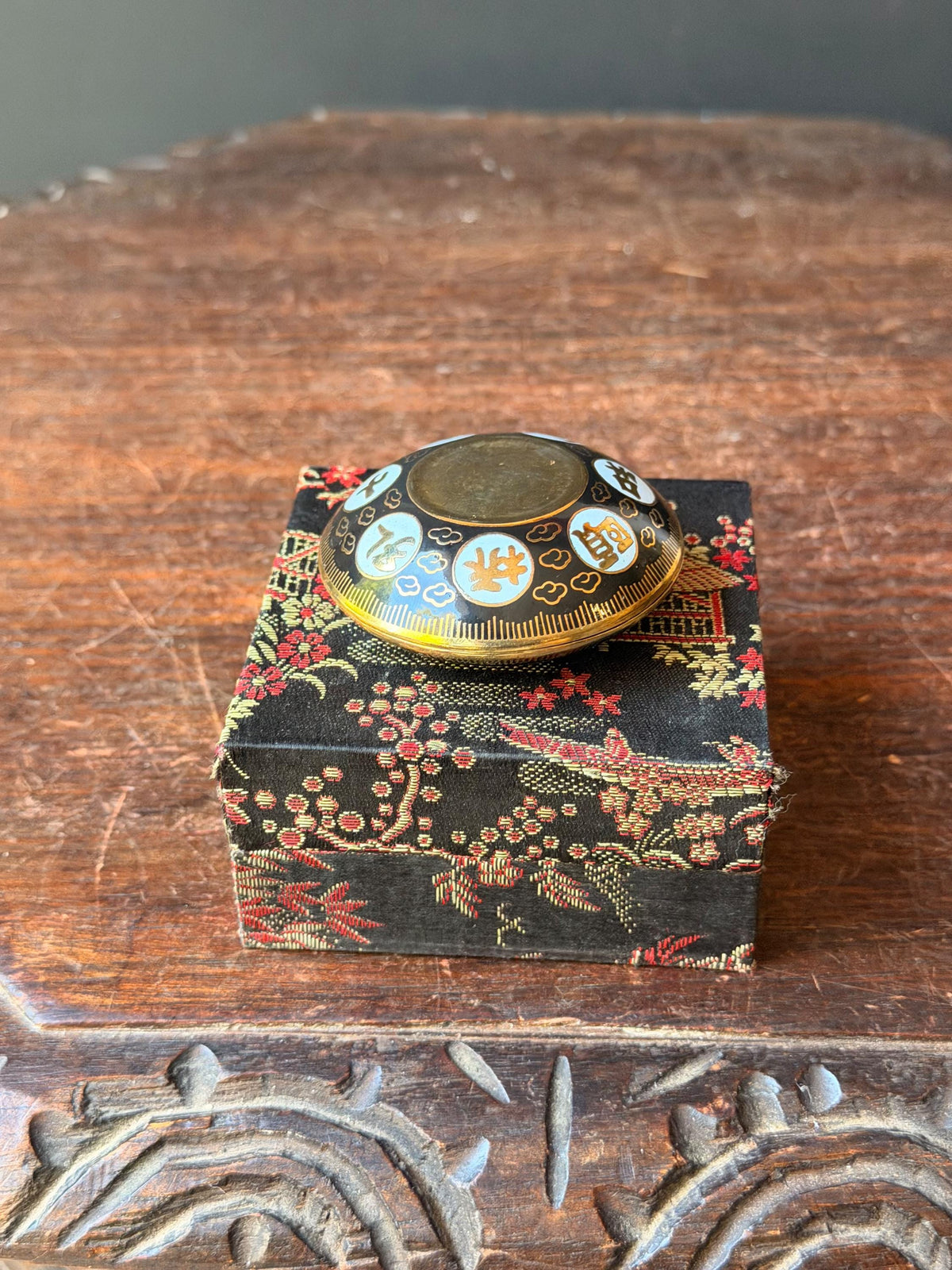 Vintage Chinese Cloisonne Enamel Trinket Box, Great Wall of China & White Blossoms, Pill or Ring Box in Brocade Gift Box