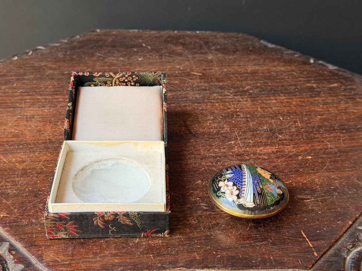Vintage Chinese Cloisonne Enamel Trinket Box, Great Wall of China & White Blossoms, Pill or Ring Box in Brocade Gift Box