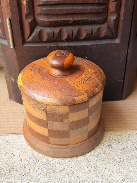 Vintage Segmented Wood Checkerboard Lidded Jar, Hand Turned Wooden Keepsake Box with Knob Lid, Studio Woodturning Trinke