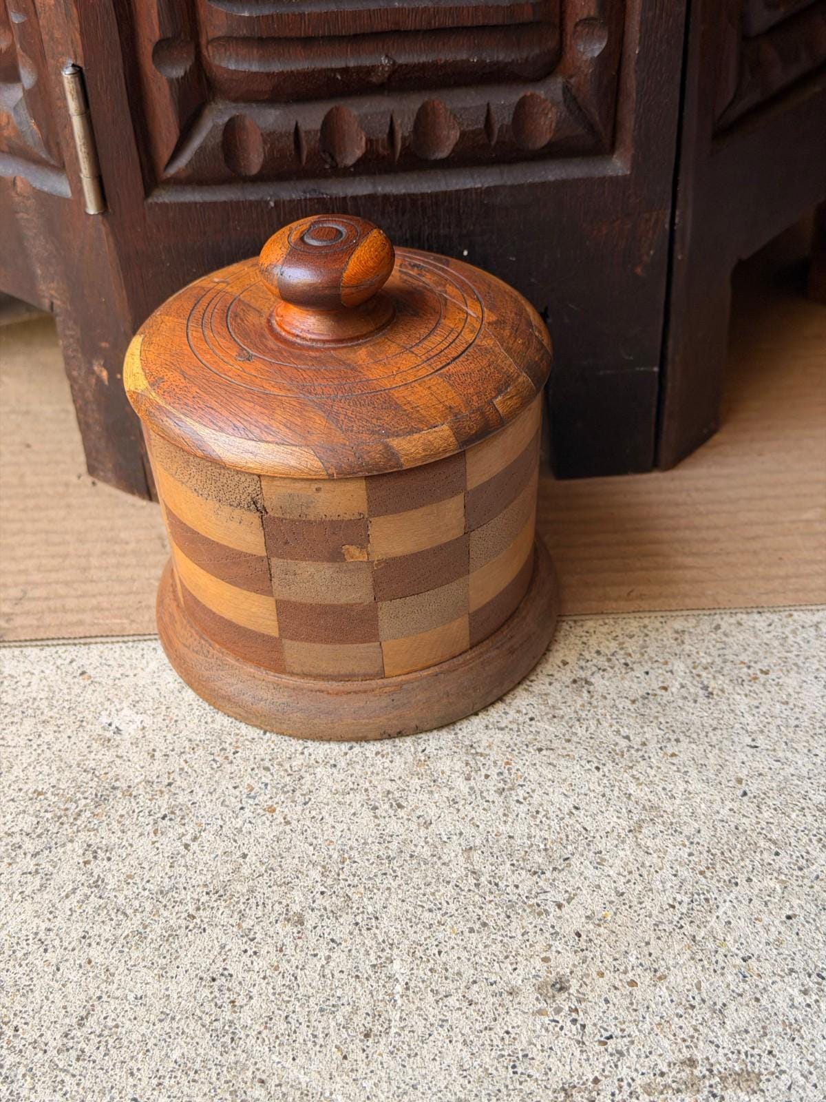 Vintage Segmented Wood Checkerboard Lidded Jar, Hand Turned Wooden Keepsake Box with Knob Lid, Studio Woodturning Trinke