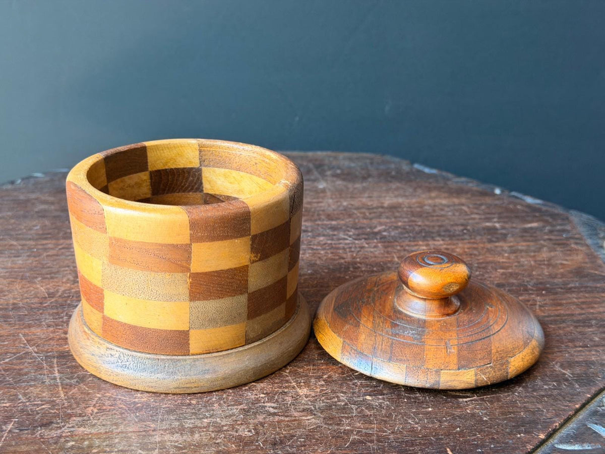 Vintage Segmented Wood Checkerboard Lidded Jar, Hand Turned Wooden Keepsake Box with Knob Lid, Studio Woodturning Trinke