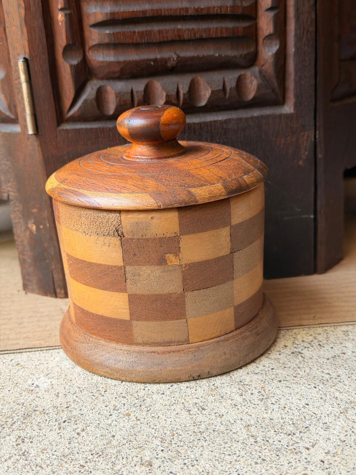 Vintage Segmented Wood Checkerboard Lidded Jar, Hand Turned Wooden Keepsake Box with Knob Lid, Studio Woodturning Trinke