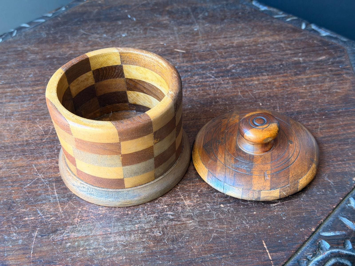 Vintage Segmented Wood Checkerboard Lidded Jar, Hand Turned Wooden Keepsake Box with Knob Lid, Studio Woodturning Trinke