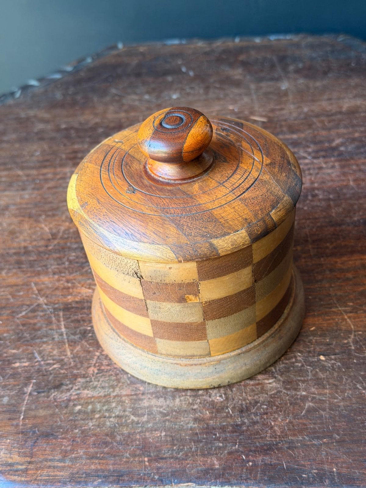 Vintage Segmented Wood Checkerboard Lidded Jar, Hand Turned Wooden Keepsake Box with Knob Lid, Studio Woodturning Trinke