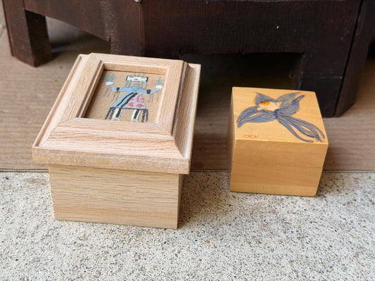 Vintage Southwestern Yei Sandpainting Wood Box with Painted Flower Trinket Box, Colored Sand Art Lidded Keepsake Box Set