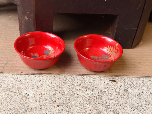Vintage Red Lacquer Sake Cup Pair Gold Floral Maki e Mini Bowls 2.7" Decorative
