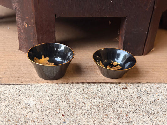 Vintage CPO Black Lacquer Sake Cup Pair Gold Maki e Mini Bowls 2.2" Dish