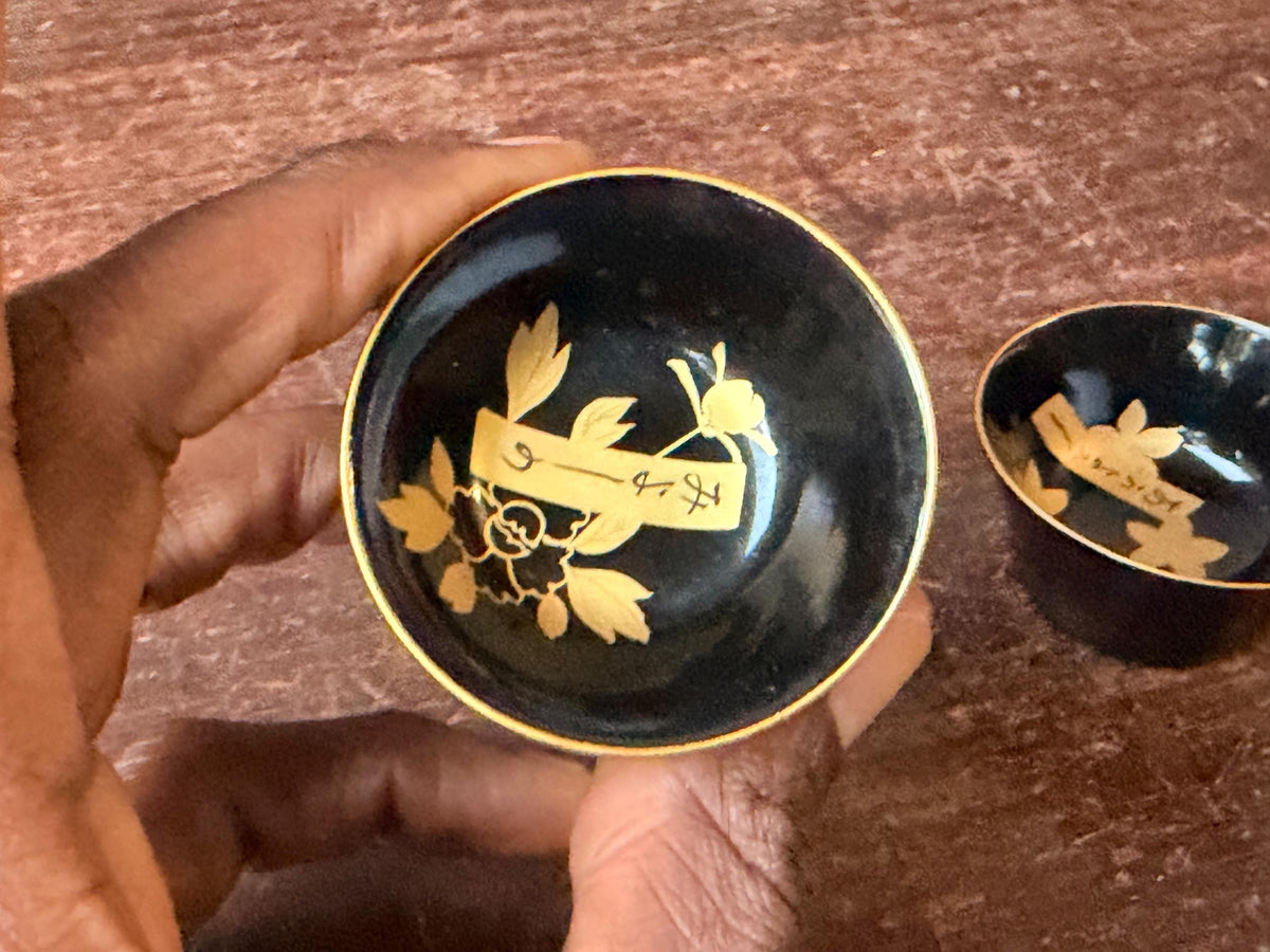 Vintage CPO Black Lacquer Sake Cup Pair Gold Maki e Mini Bowls 2.2" Dish