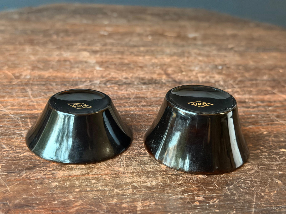 Vintage CPO Black Lacquer Sake Cup Pair Gold Maki e Mini Bowls 2.2" Dish