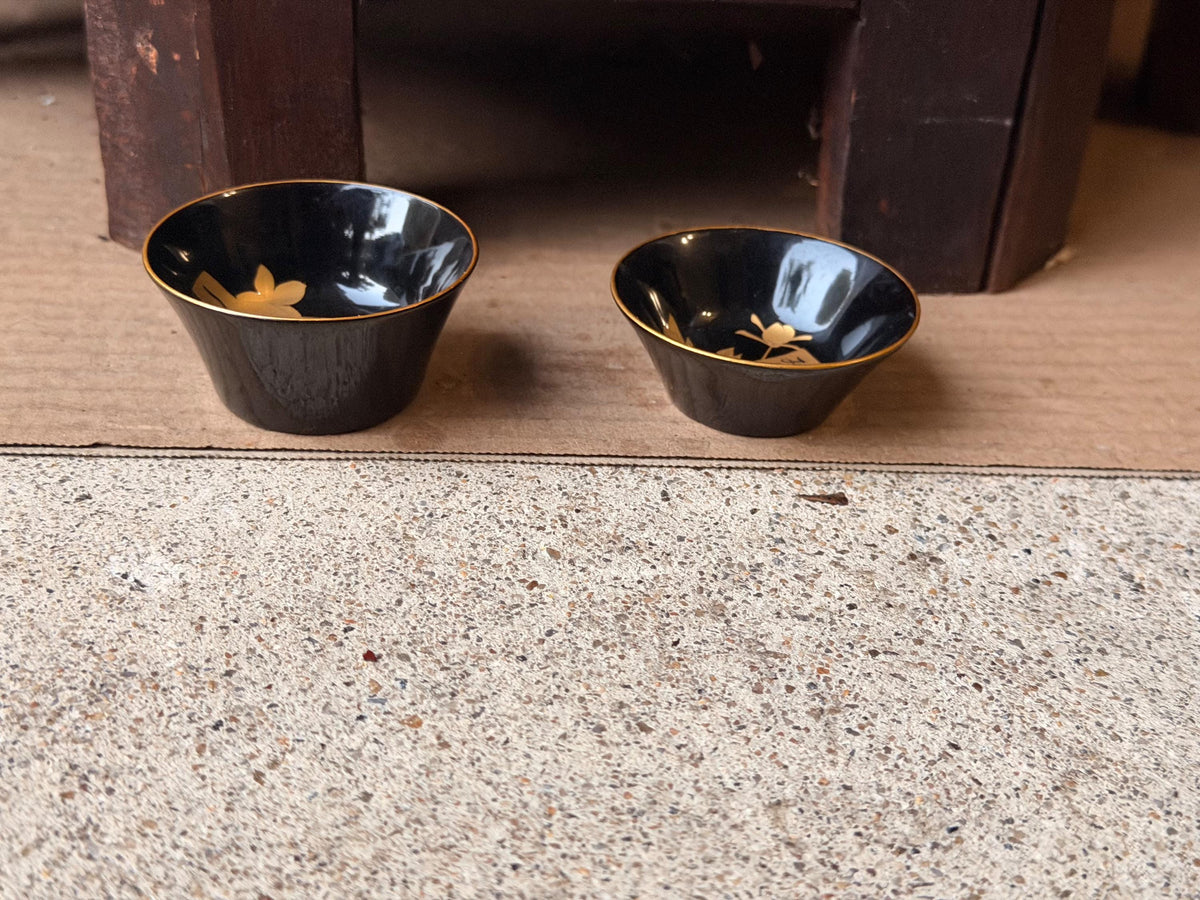 Vintage CPO Black Lacquer Sake Cup Pair Gold Maki e Mini Bowls 2.2" Dish