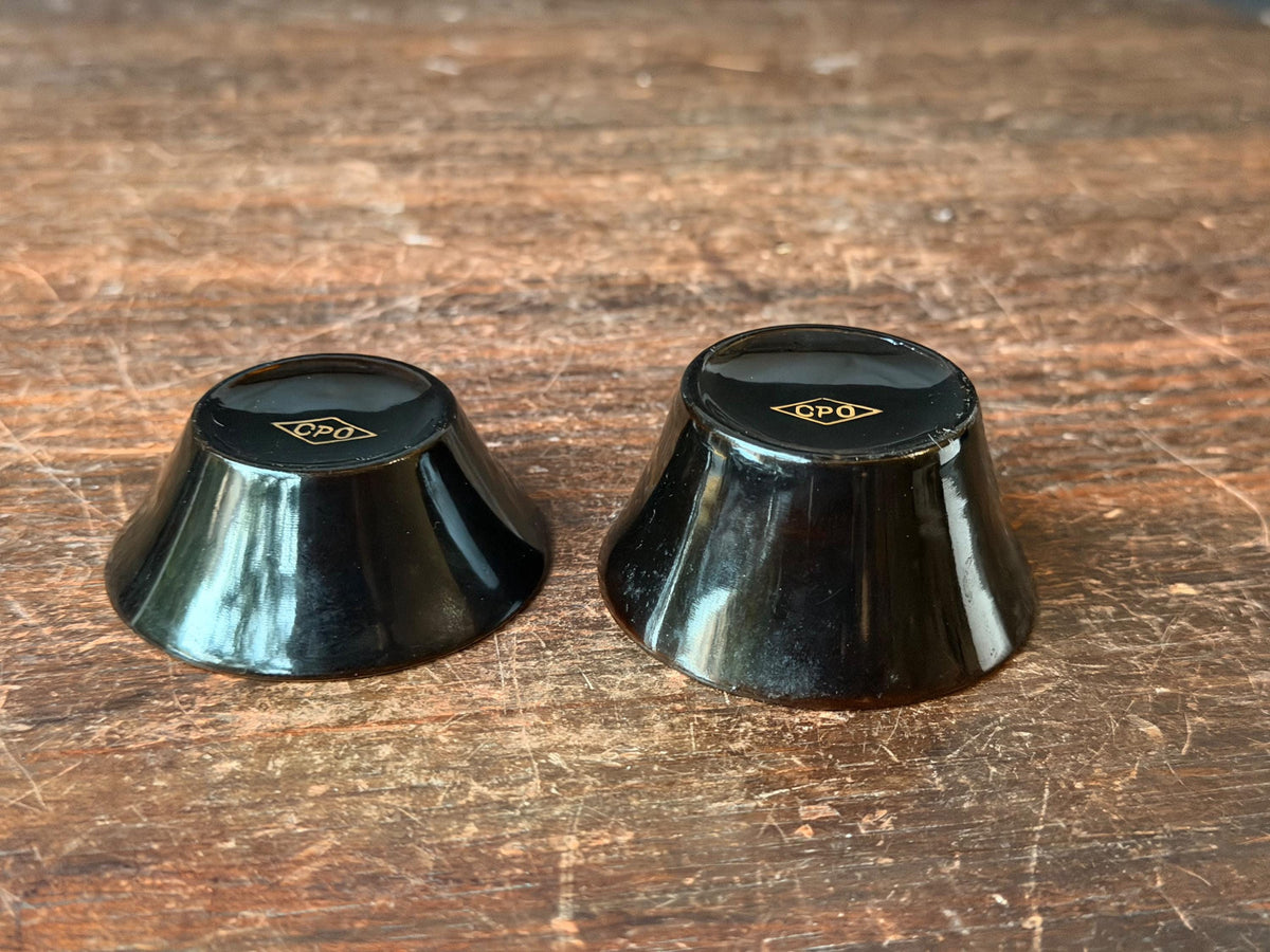 Vintage CPO Black Lacquer Sake Cup Pair Gold Maki e Mini Bowls 2.2" Dish