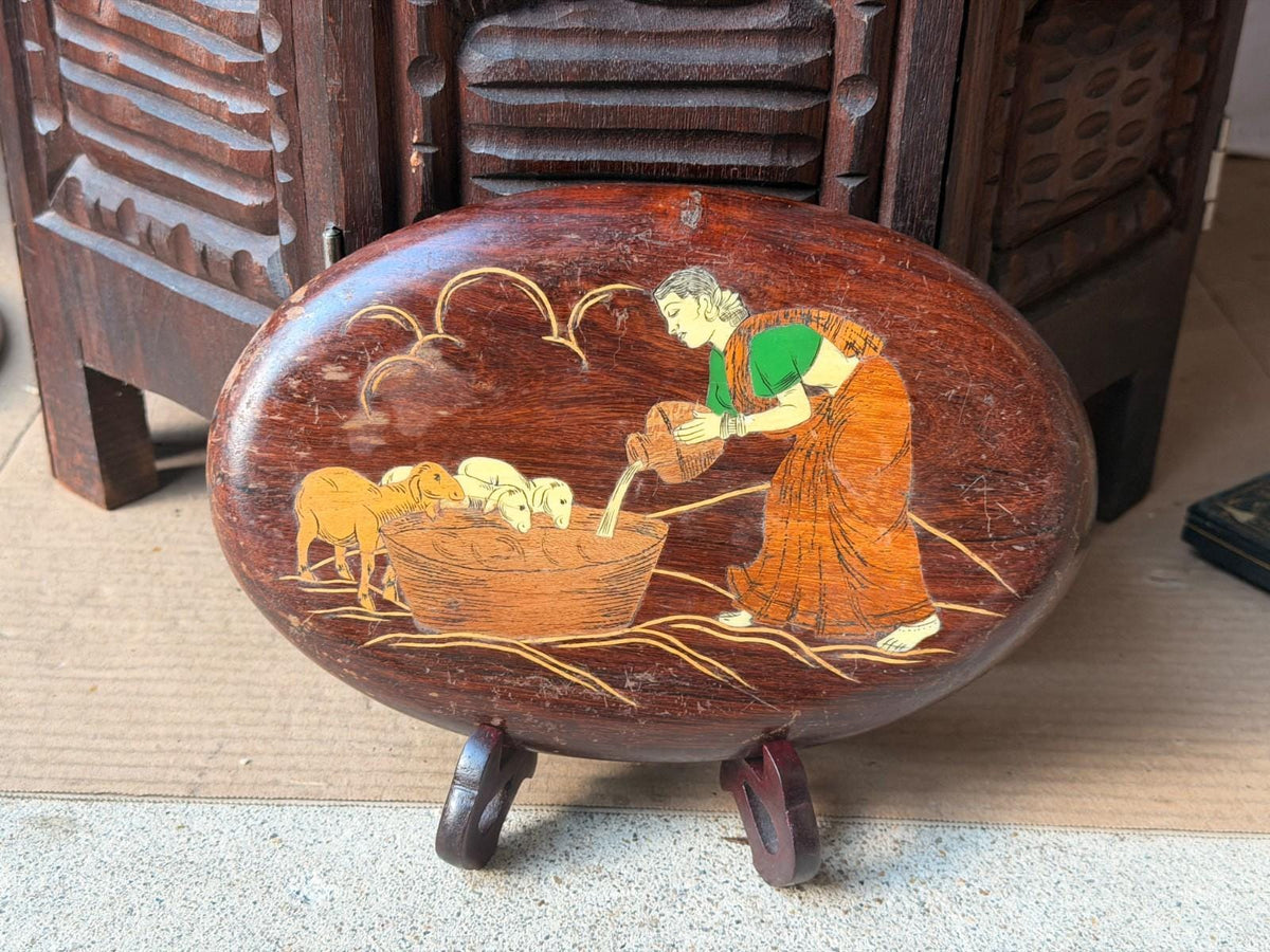 Vintage Indian Rosewood Inlay Wall Plaque with Easel Stand, Village Woman Watering Lambs, Mysore Style Wood Marquetry Fo