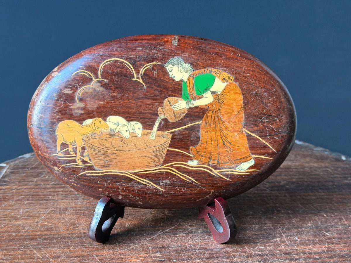 Vintage Indian Rosewood Inlay Wall Plaque with Easel Stand, Village Woman Watering Lambs, Mysore Style Wood Marquetry Fo