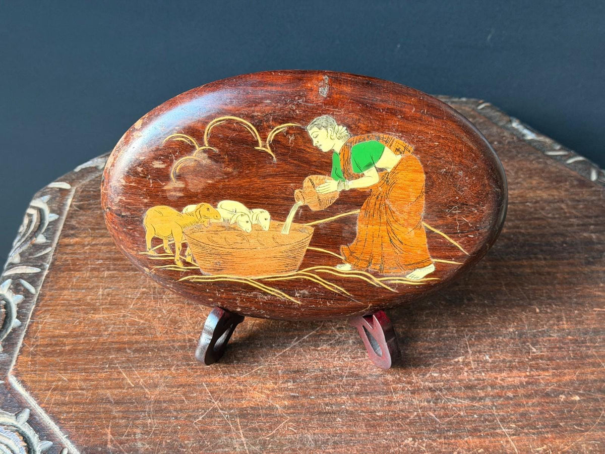 Vintage Indian Rosewood Inlay Wall Plaque with Easel Stand, Village Woman Watering Lambs, Mysore Style Wood Marquetry Fo
