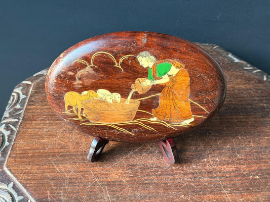 Vintage Indian Rosewood Inlay Wall Plaque with Easel Stand, Village Woman Watering Lambs, Mysore Style Wood Marquetry Fo