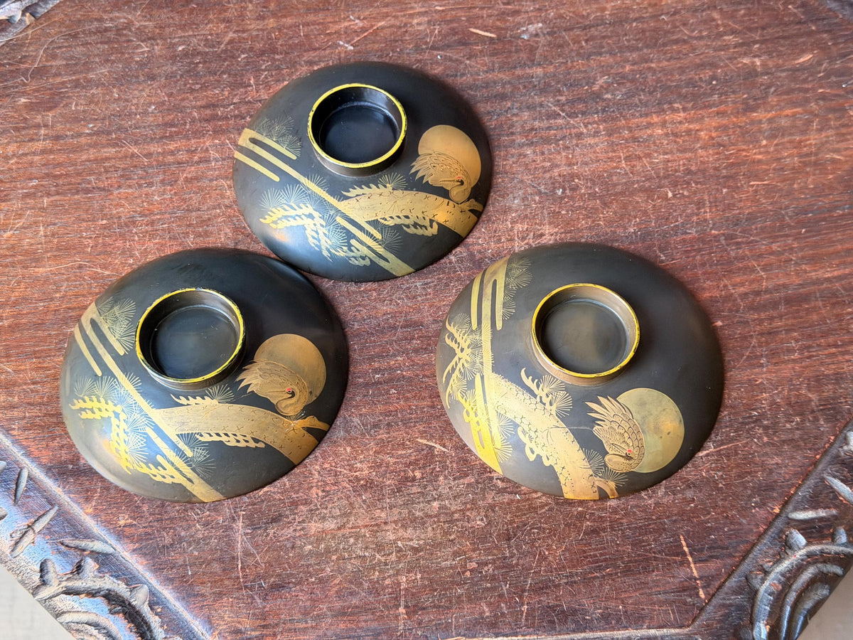 Vintage Japanese Maki-e Lacquerware Dishes Set 3 Crane Pine Gold 4.6"