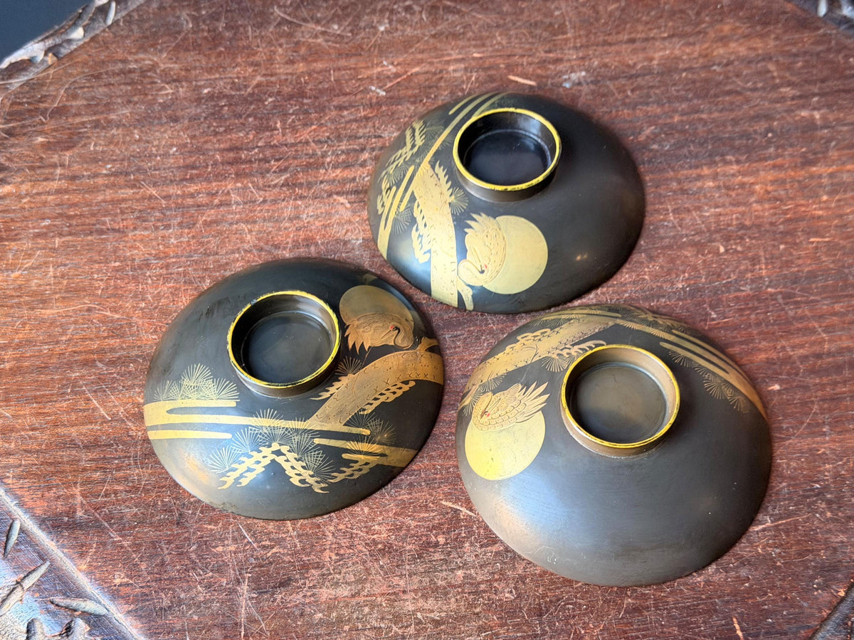 Vintage Japanese Maki-e Lacquerware Dishes Set 3 Crane Pine Gold 4.6"