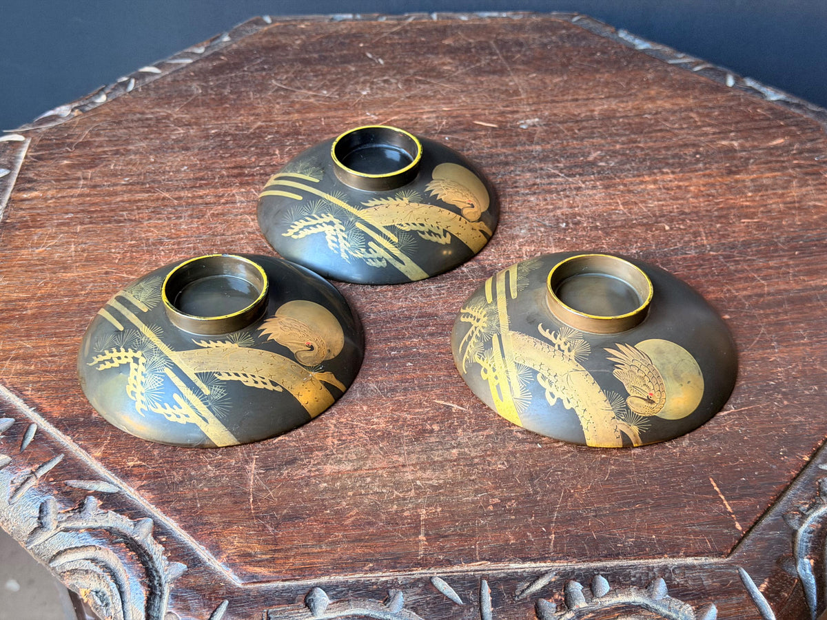 Vintage Japanese Maki-e Lacquerware Dishes Set 3 Crane Pine Gold 4.6"