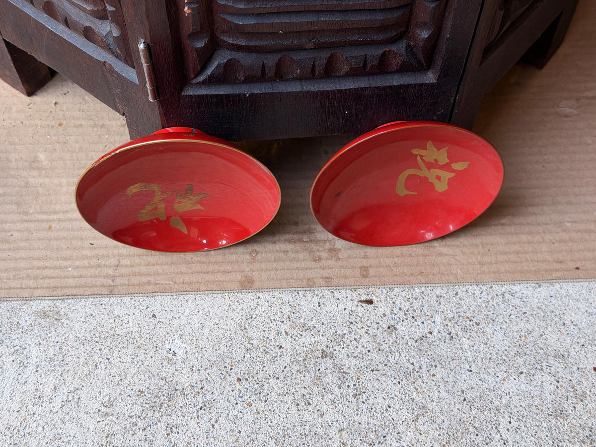 Antique Japanese Red Lacquer Bowls Set 2 Meiji 1895 Kanji Sake Dishes 4.2"