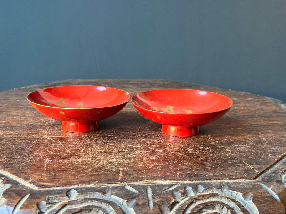 Antique Japanese Red Lacquer Bowls Set 2 Meiji 1895 Kanji Sake Dishes 4.2"