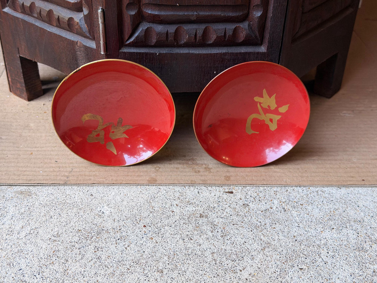 Antique Japanese Red Lacquer Bowls Set 2 Meiji 1895 Kanji Sake Dishes 4.2"