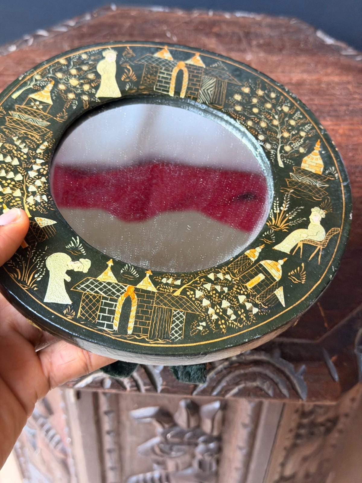 Vintage Indian Lacquer Vanity Mirror with Easel Stand, Hand Painted Gold Village Scene, Round Tabletop or Wall Mirror, G