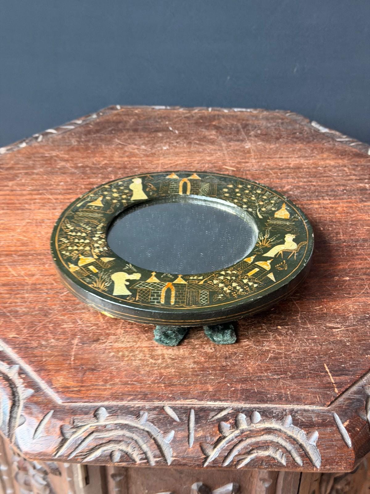 Vintage Indian Lacquer Vanity Mirror with Easel Stand, Hand Painted Gold Village Scene, Round Tabletop or Wall Mirror, G