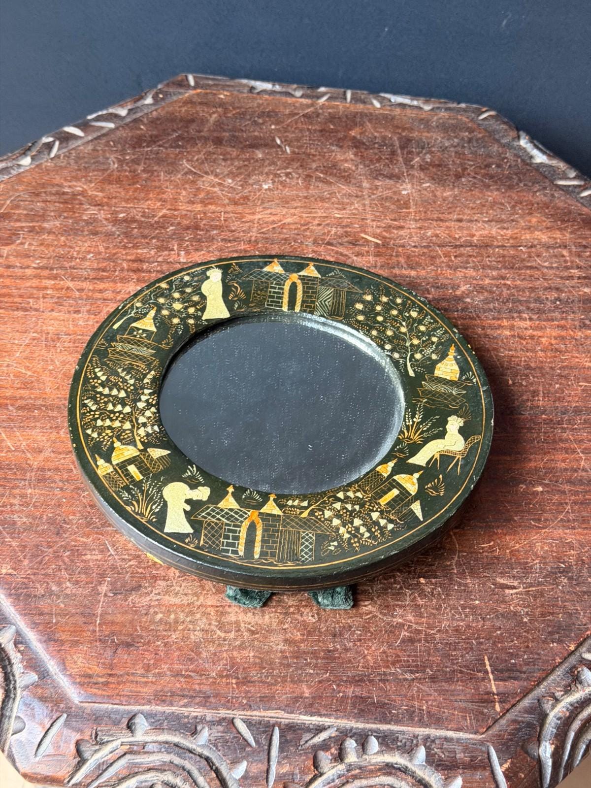 Vintage Indian Lacquer Vanity Mirror with Easel Stand, Hand Painted Gold Village Scene, Round Tabletop or Wall Mirror, G