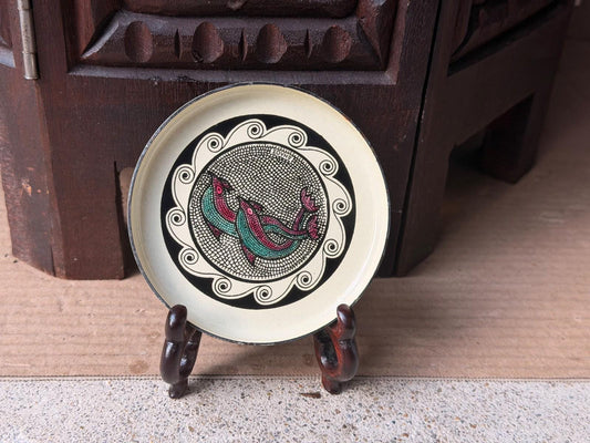 Vintage Greek Enamel Coaster Dish with Wooden Stand, Moissiadis Greece Delos Dolphin Mosaic Design, Small Ring Dish or D