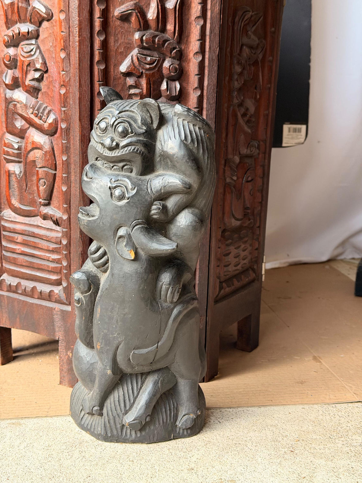 Balinese Carved Wood Mythical Demon Guardian Sculpture Tiger Bull Statue 12.5in