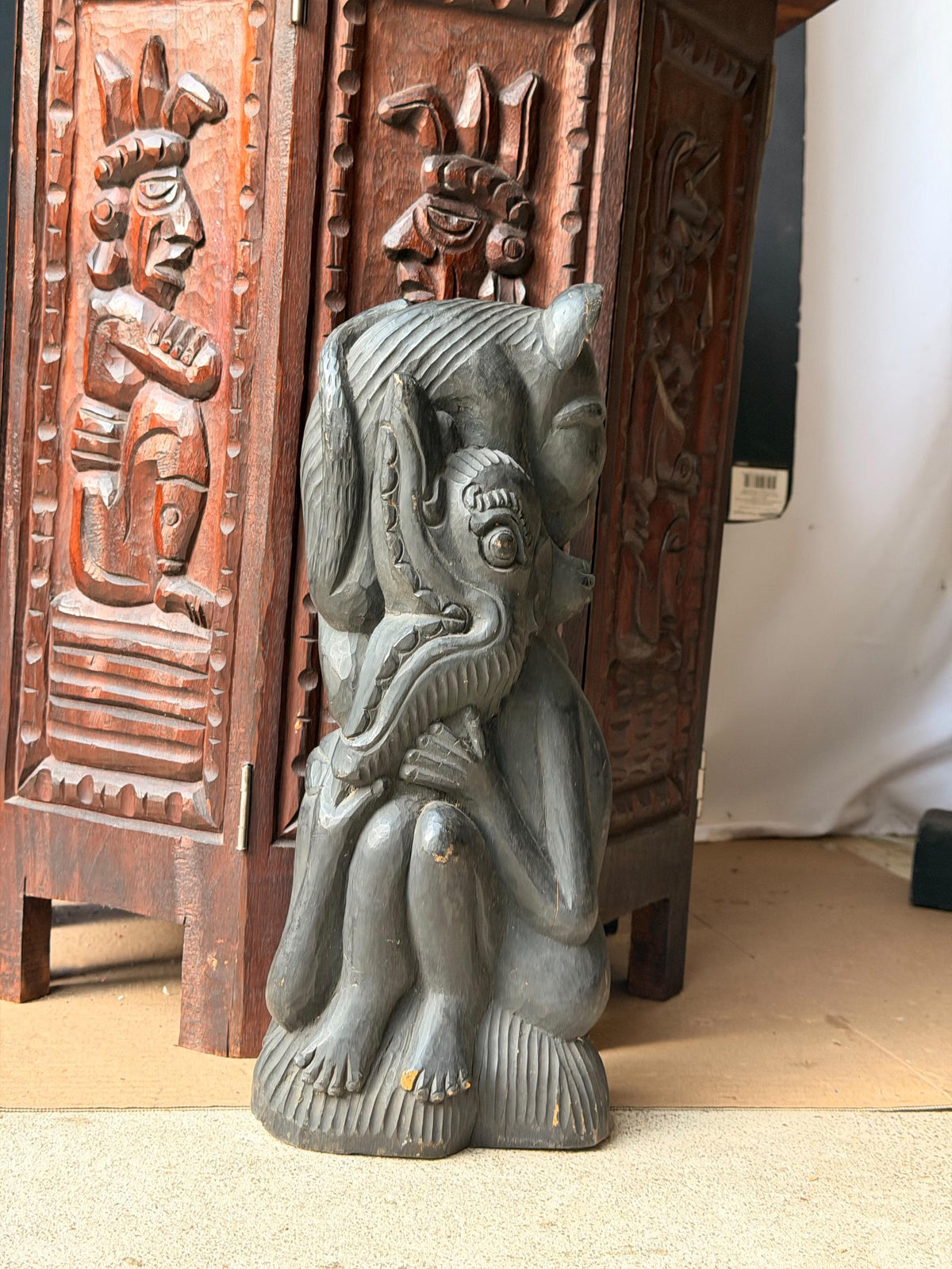 Balinese Carved Wood Mythical Demon Guardian Sculpture Tiger Bull Statue 12.5in