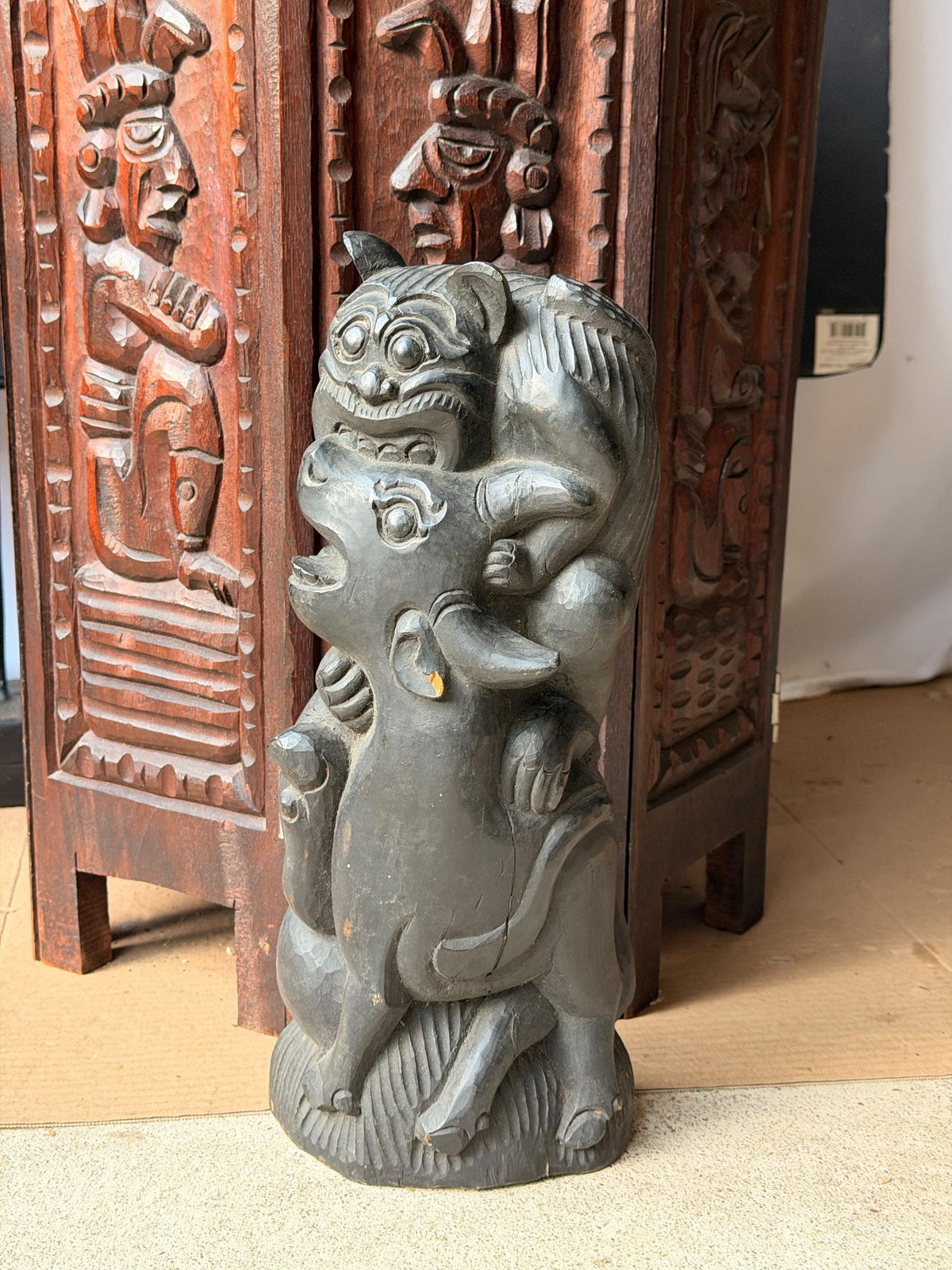Balinese Carved Wood Mythical Demon Guardian Sculpture Tiger Bull Statue 12.5in