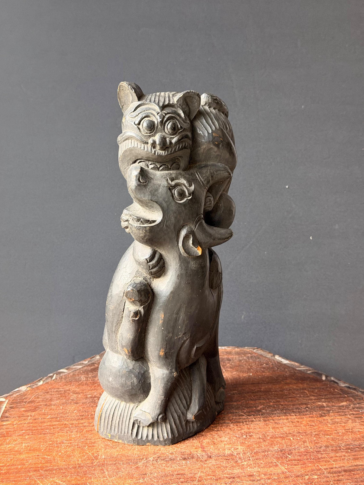 Balinese Carved Wood Mythical Demon Guardian Sculpture Tiger Bull Statue 12.5in