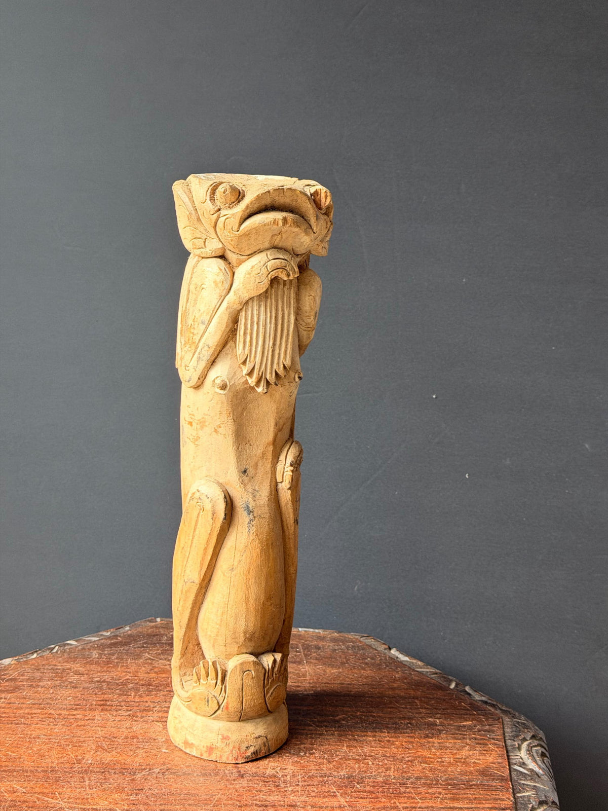 Balinese Carved Wood Frog Statue Anthropomorphic Toad Guardian Totem 16in