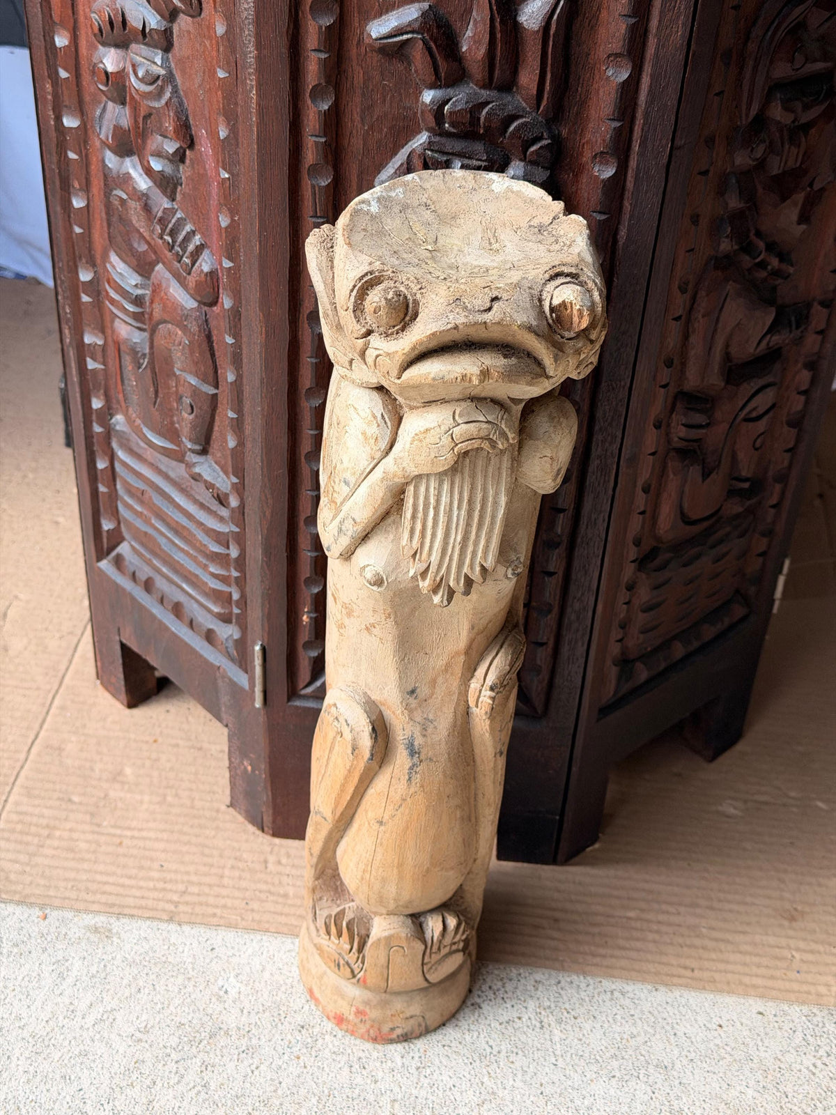 Balinese Carved Wood Frog Statue Anthropomorphic Toad Guardian Totem 16in