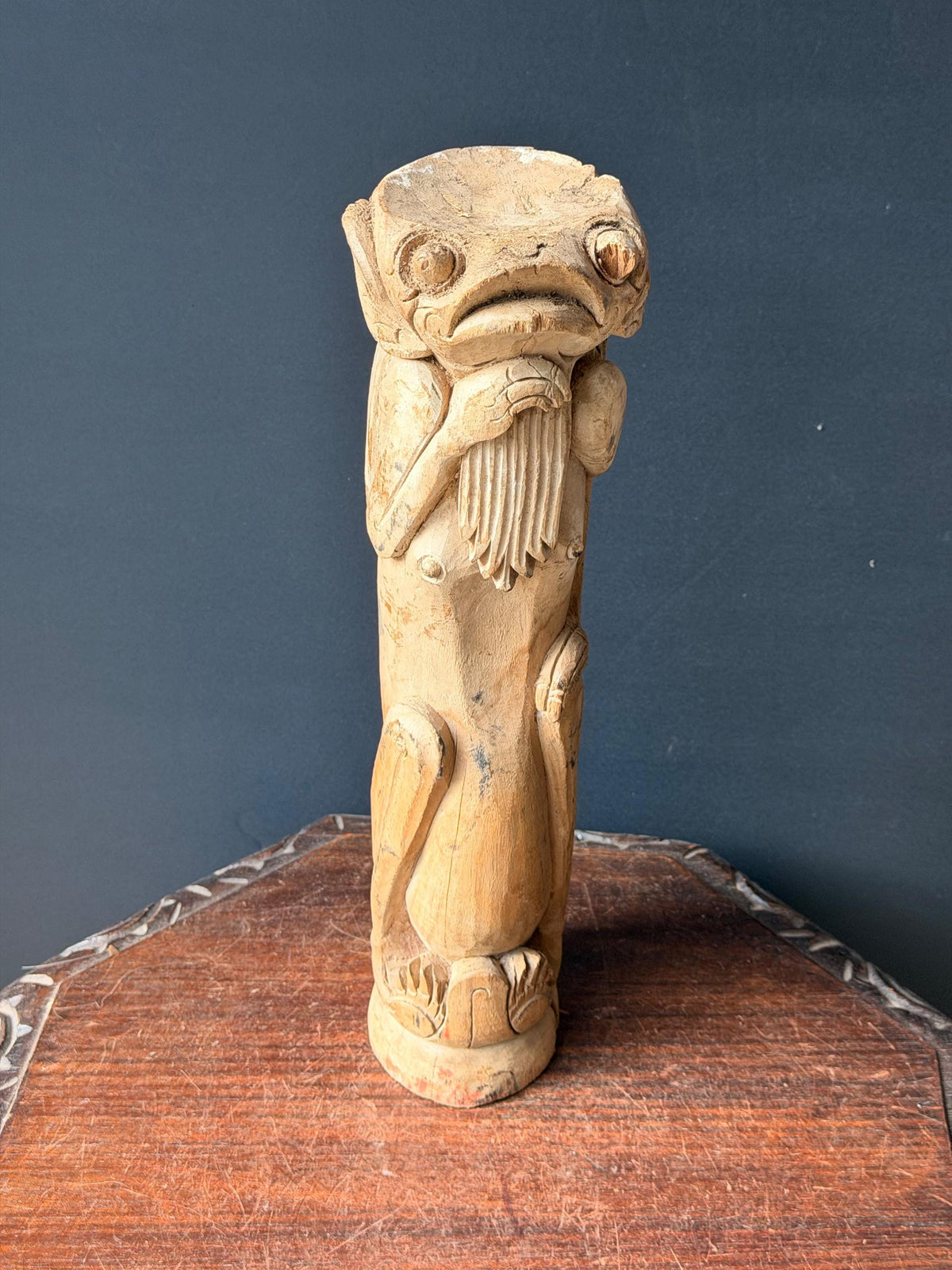 Balinese Carved Wood Frog Statue Anthropomorphic Toad Guardian Totem 16in