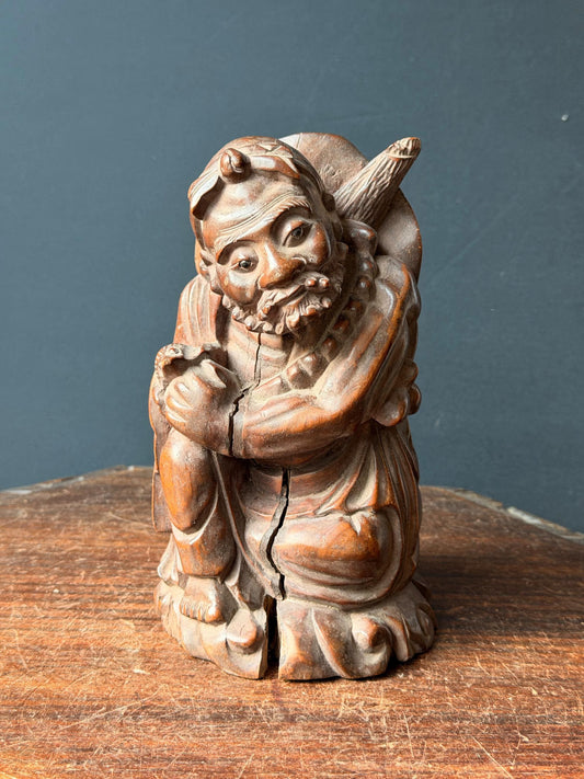 Vintage Carved Wood Sage Figure Lotus Leaf Immortal Statue East Asian Art