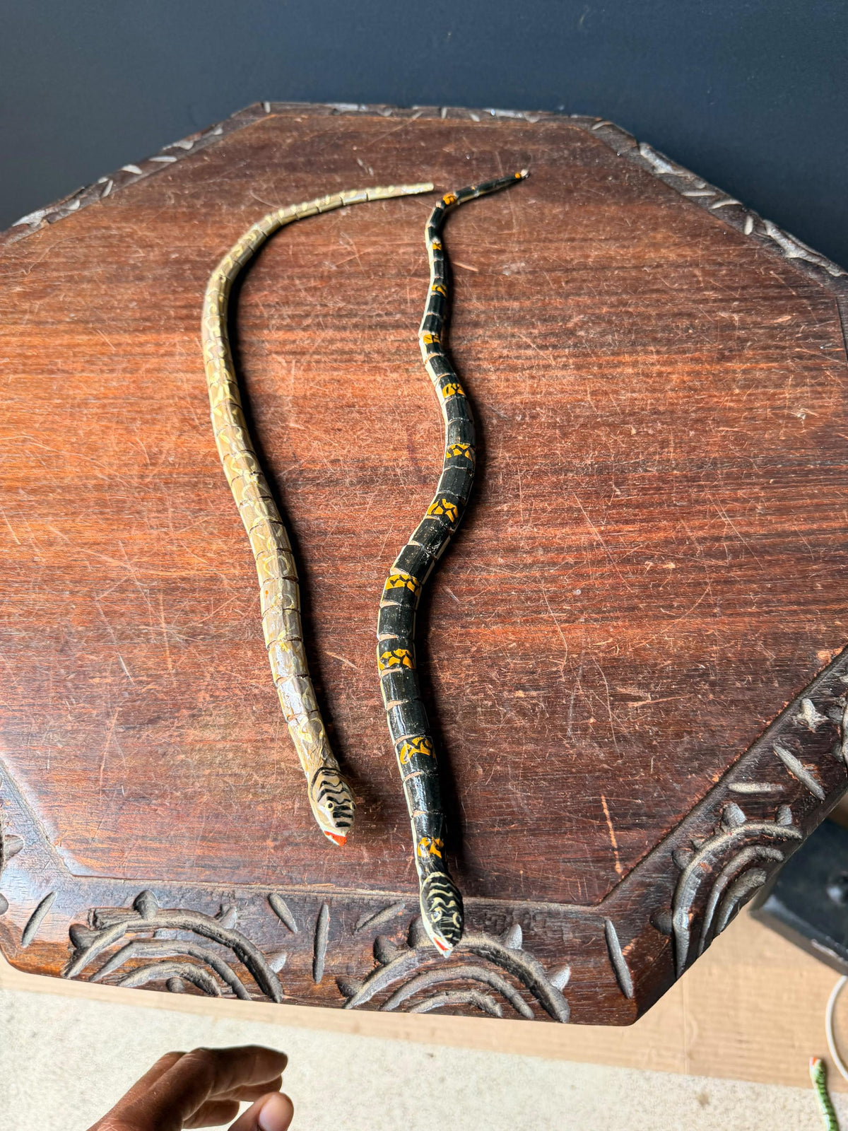 Vintage Articulated Carved Wood Snake Folk Art Figurine Pair 16" Sculpture Set