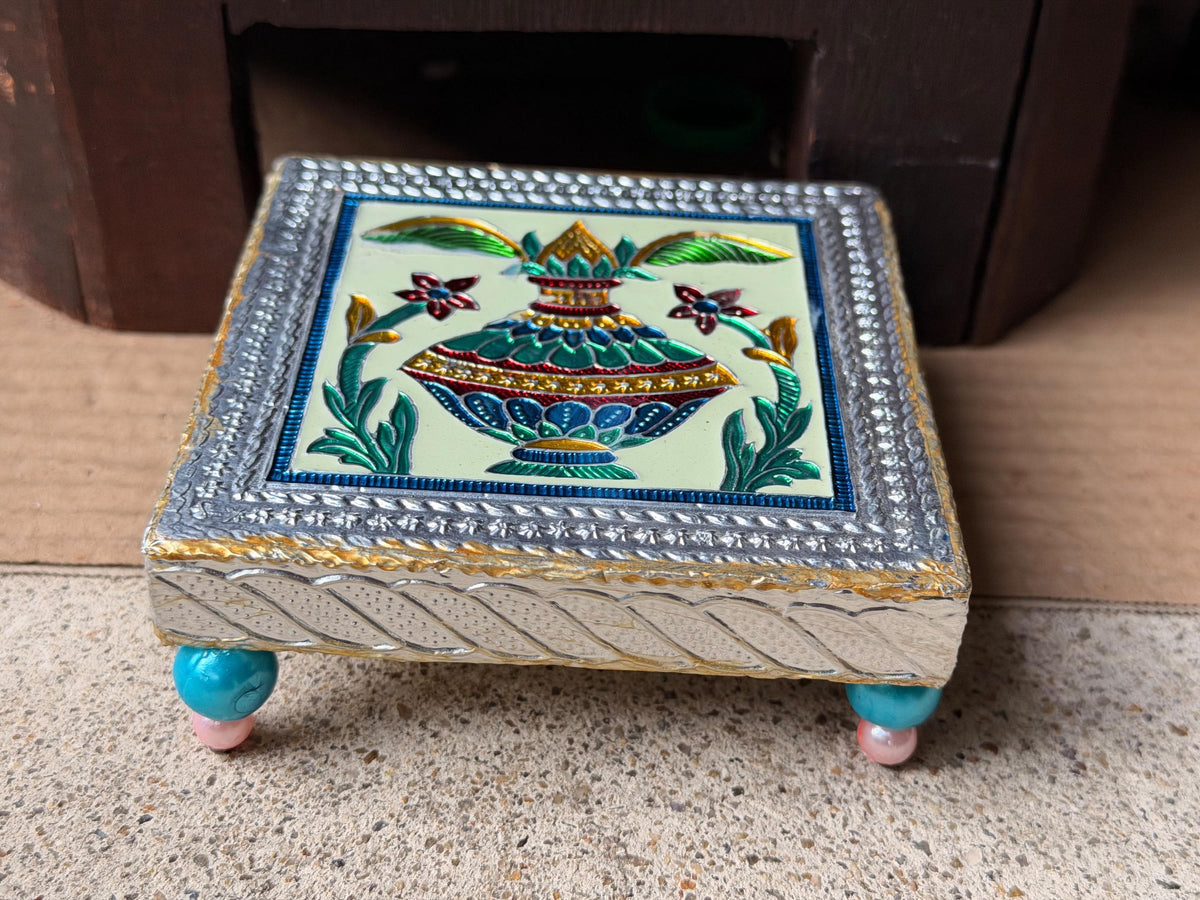 Vintage Enamel Meenakari Wooden Bajot Chowki Sacred Kalash Riser Pedestal 4x4"
