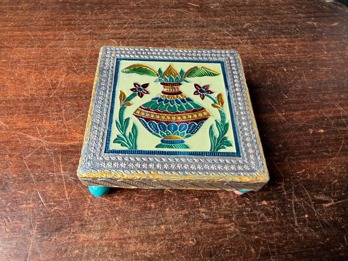 Vintage Enamel Meenakari Wooden Bajot Chowki Sacred Kalash Riser Pedestal 4x4"