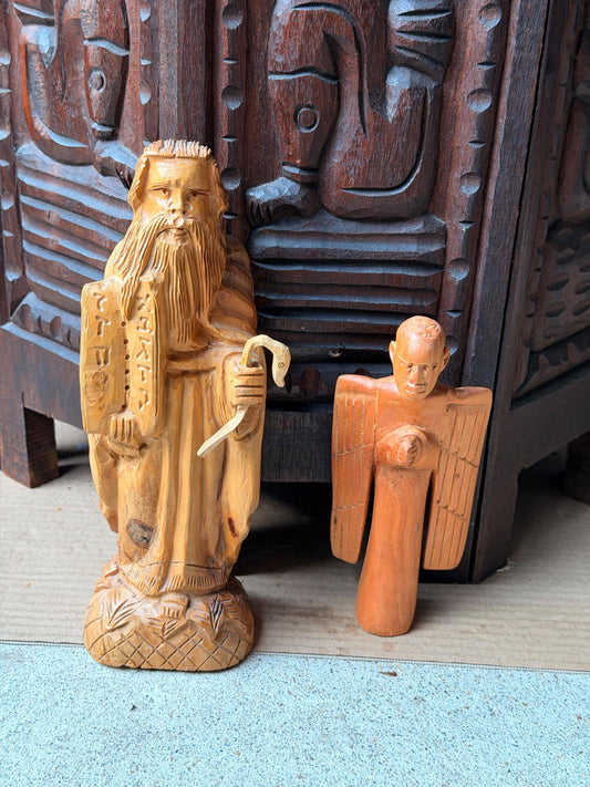 Vintage Carved Wood Moses Ten Commandments & Praying Angel Figurine Set 6.8"