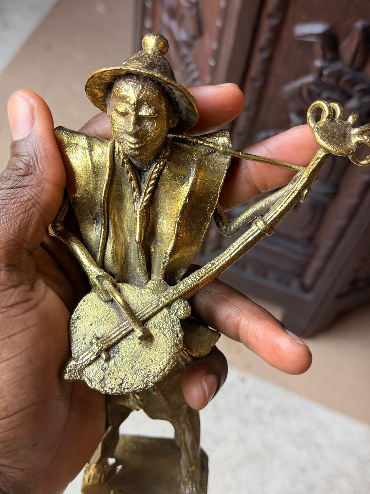 Vintage West African Brass Musician Statue Lost Wax Cast Griot Lute Figure 7.5"